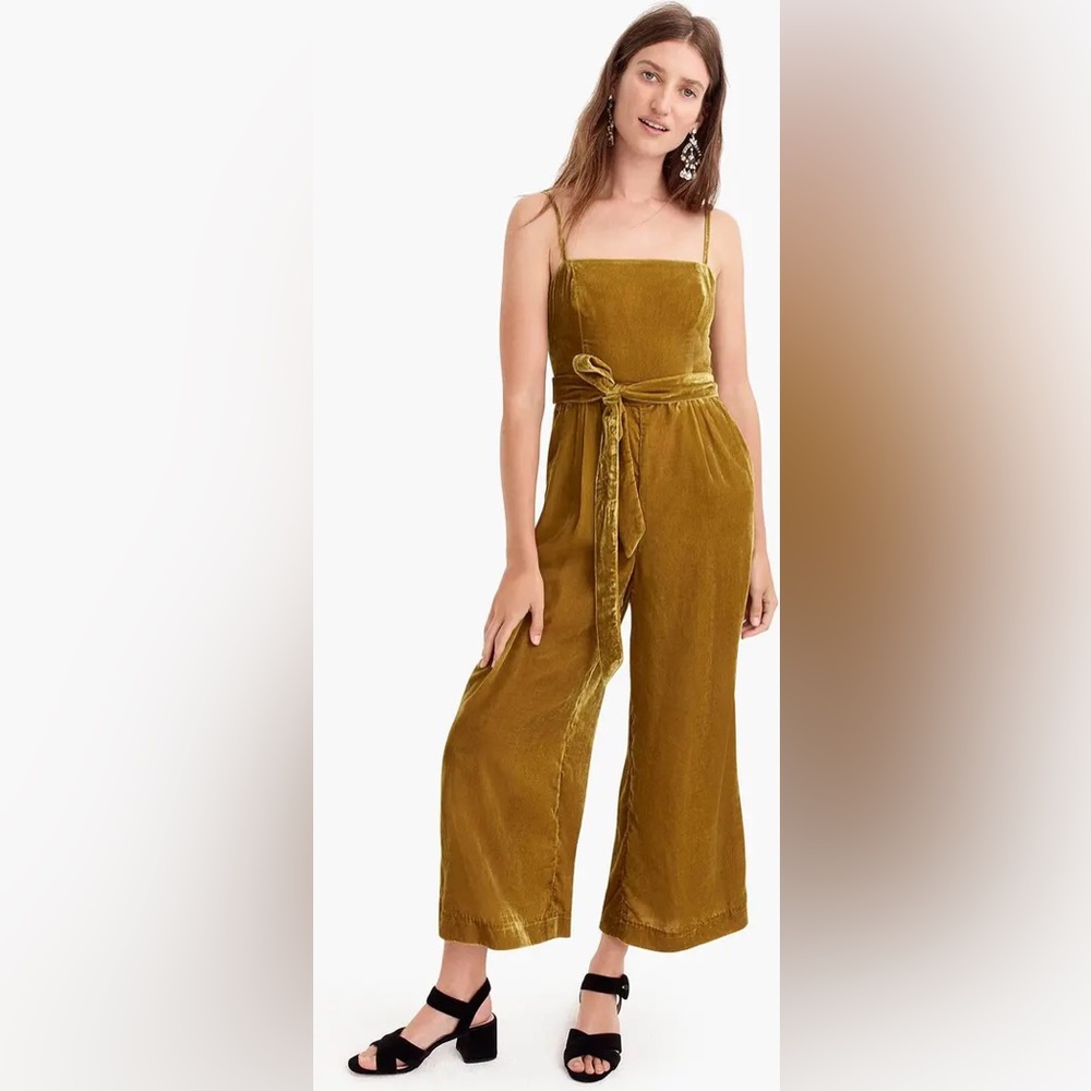 Jcrew Petite velvet jumpsuit with tie in Vintage Gold